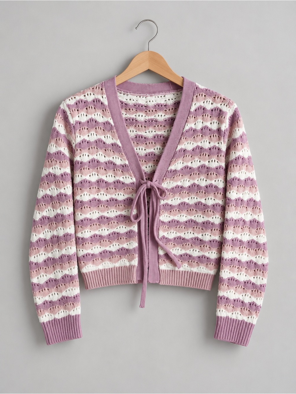 Hem & Thread Lilac and Ivory Tie-Front Crochet Cardigan